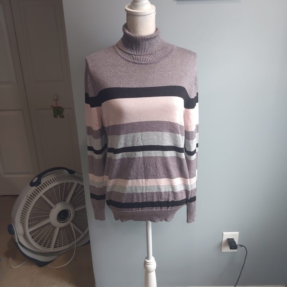 Joseph A. Striped Turtleneck Sweater - Pink, Gray, Black